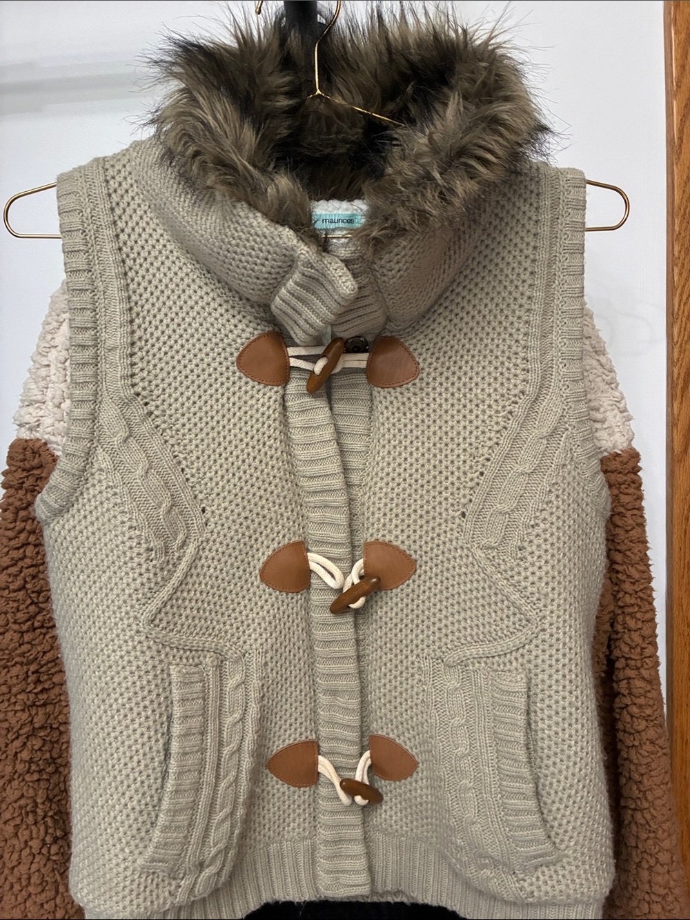 Maurices Light Taupe Faux Fur Trim Toggle Knit Vest